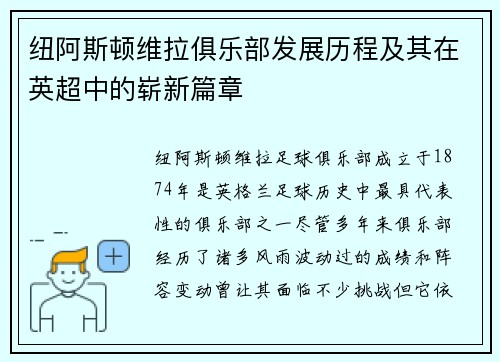 纽阿斯顿维拉俱乐部发展历程及其在英超中的崭新篇章